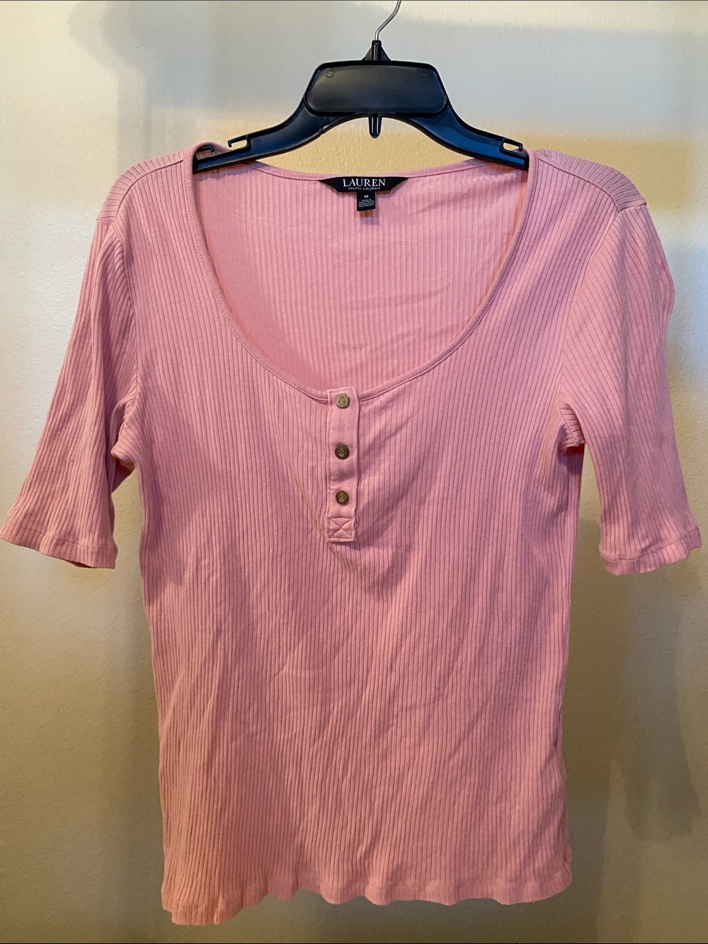 Lauren Ralph Lauren Light Pink Ribbed Henley Short Sleeve Top